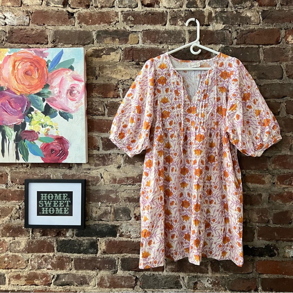 Universal Thread Orange and White Floral Puff-Sleeve Dress